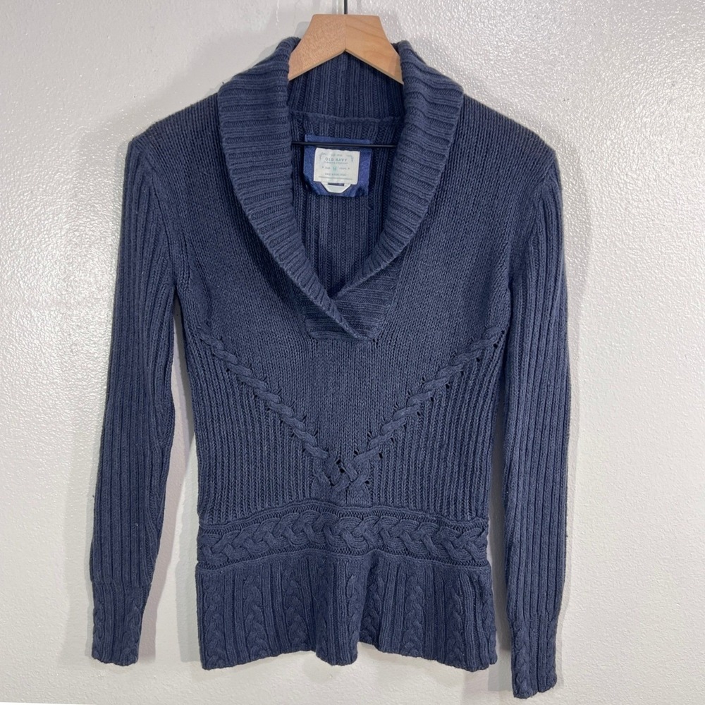 Vtg. OLD NAVY Shawl Collar Cable Knit Sweater Blue Womens M Cotton Angora Blend
